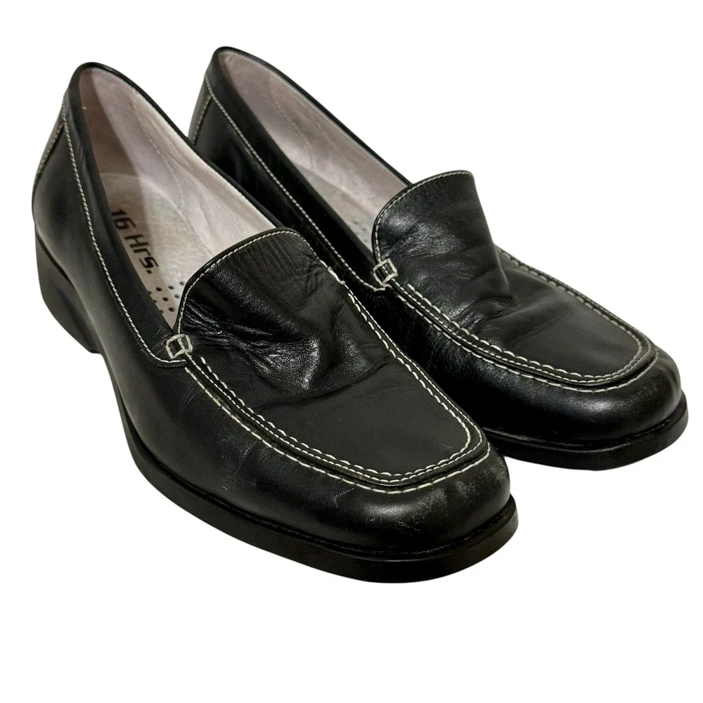 16 Hrs Womens Black Leather Loafer Shoes Air Ring System Enhanced‎ Comfort Sz 7